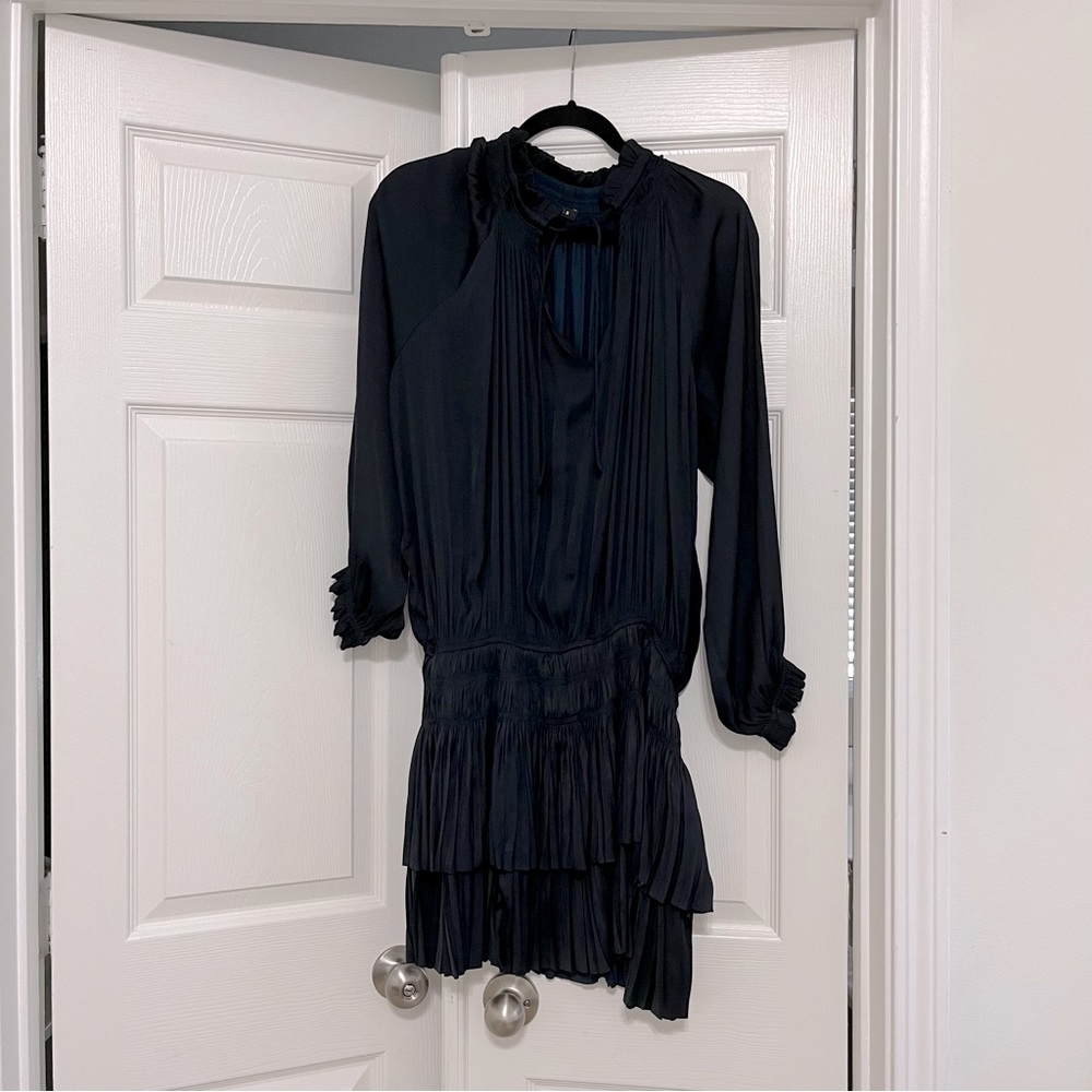 Long Sleeve Satin Drop Waist Tiered Mini Dress